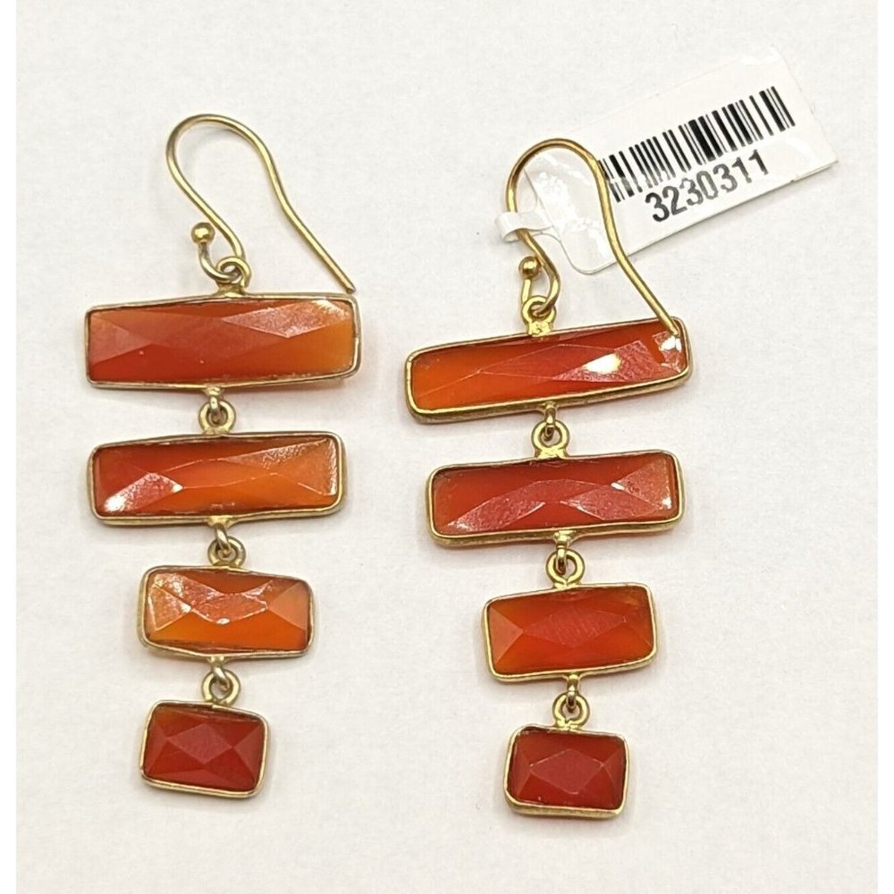 Faceted Orange Red Carnelian Gemstone Stone Dangle Gold Tone Hook Earrings